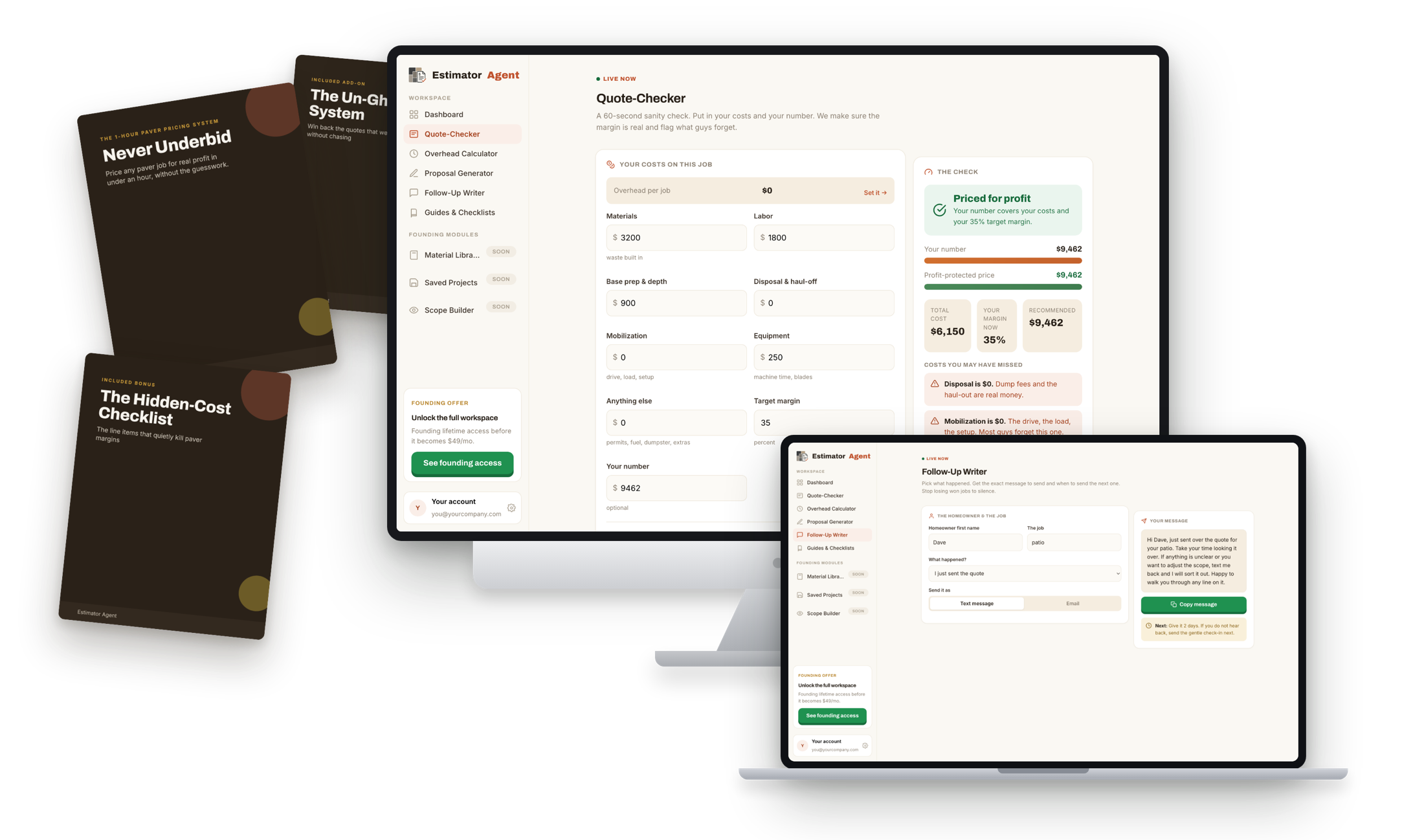 Everything in the Paver Profit Kit: the Quote-Checker and Follow-Up Writer tools on desktop, laptop, tablet and phone, plus the printable Pricing Playbook and Hidden-Cost Checklist pages