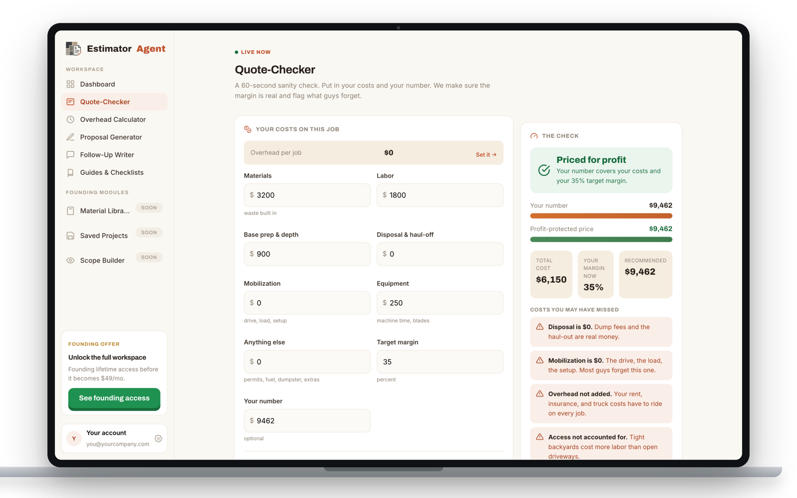 The Quote-Checker confirming the quote is priced for profit at a 35% margin
