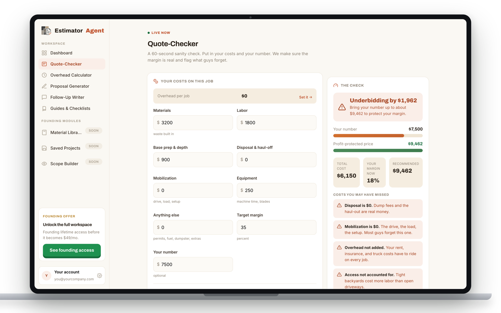 The Quote-Checker showing a quote underbidding by $1,962 on a $6,150 job